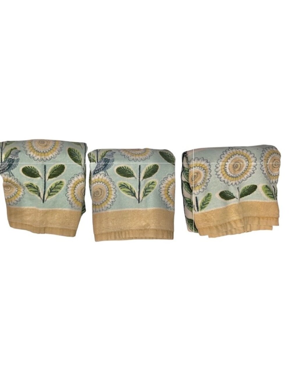 Floral & Bird Kitchen Tea Towels Terry 27.5x17 Set of 3 Yellow, Aqua Blue Green - Picture 2 of 10
